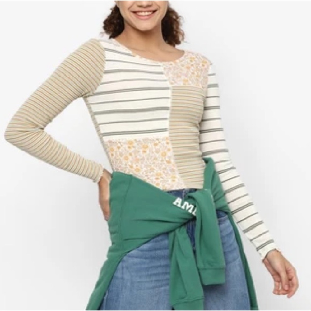 American Eagle Striped and Floral Patchwork Long Sleeve Top